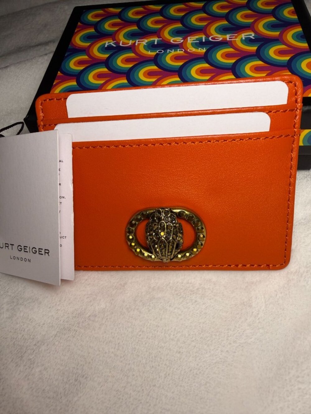 Kurt Geiger London Orange Card Holder With Metallic Eagle Design & Gift Box NWT